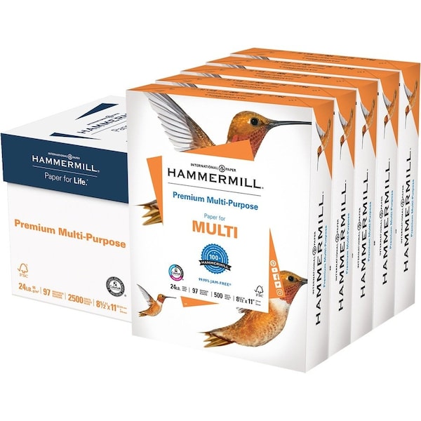 Hammermill Printer Paper, 24lb Premium Multipurpose, 97 Bright, 8.5x11, 5 Ream, 2500 Sheets